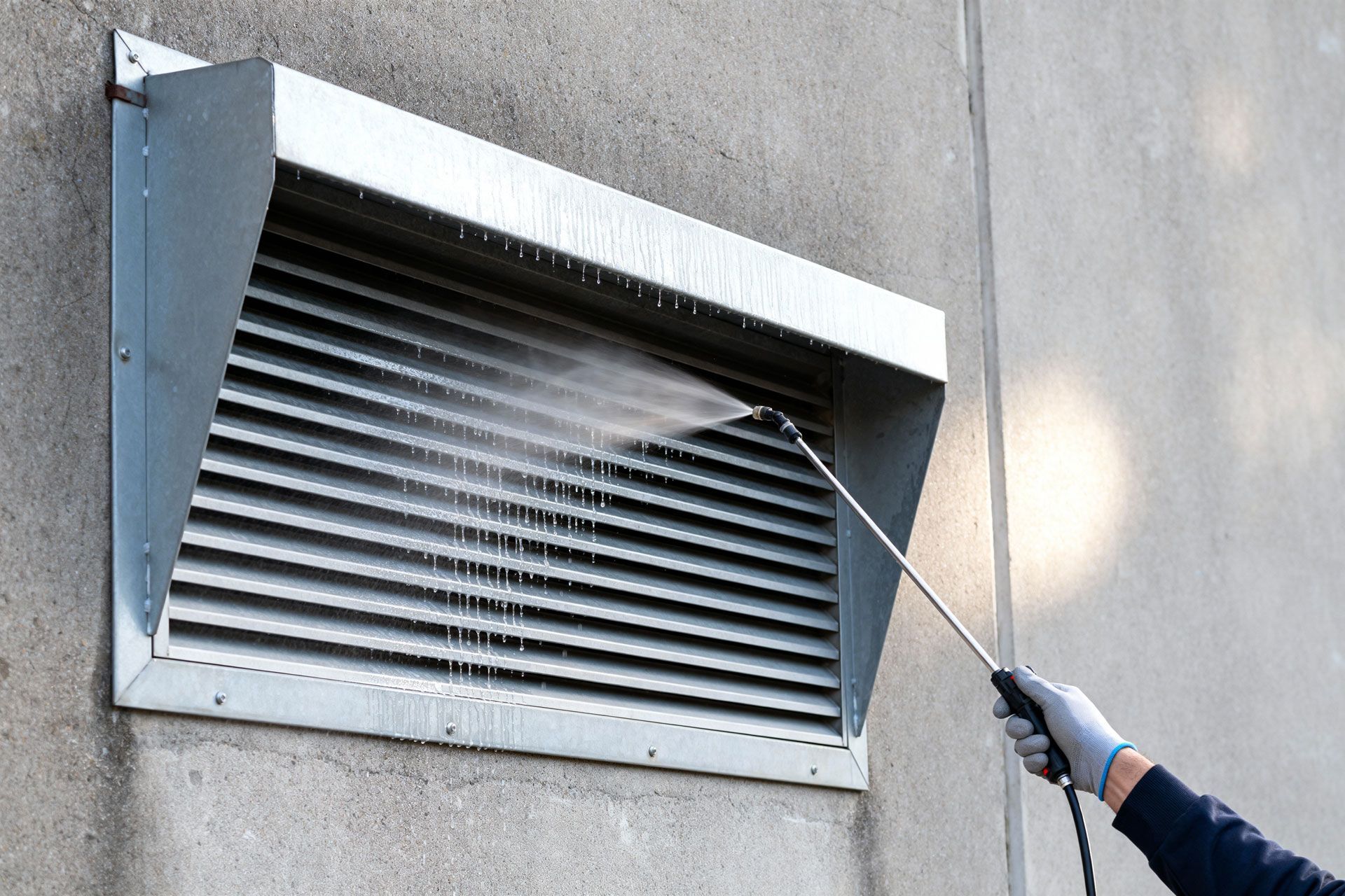A person wearing a grey glove uses a pressure washer to clean a metal vent on a concrete wall.
