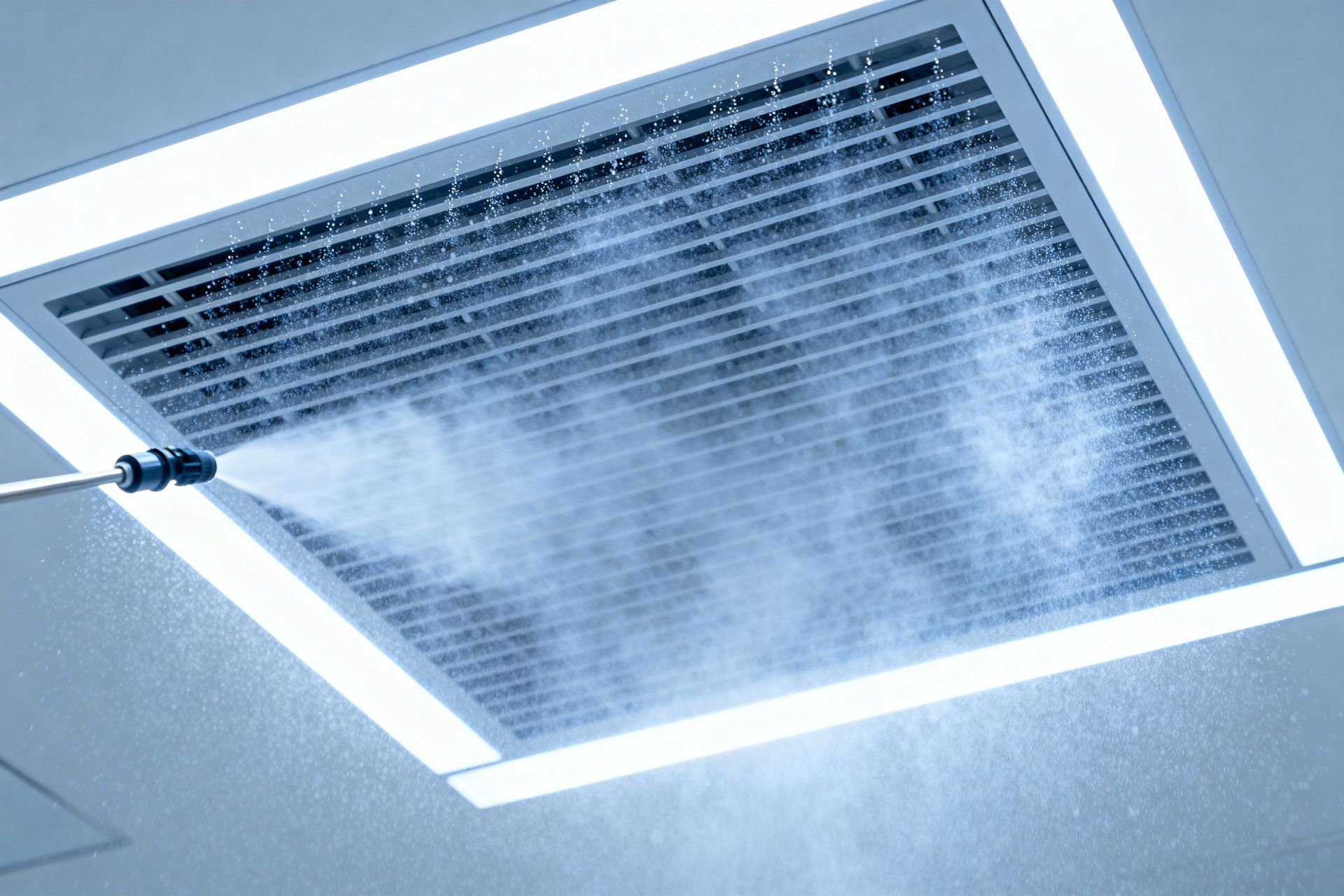 A nozzle sprays a fine mist of disinfectant into a white square ceiling vent.