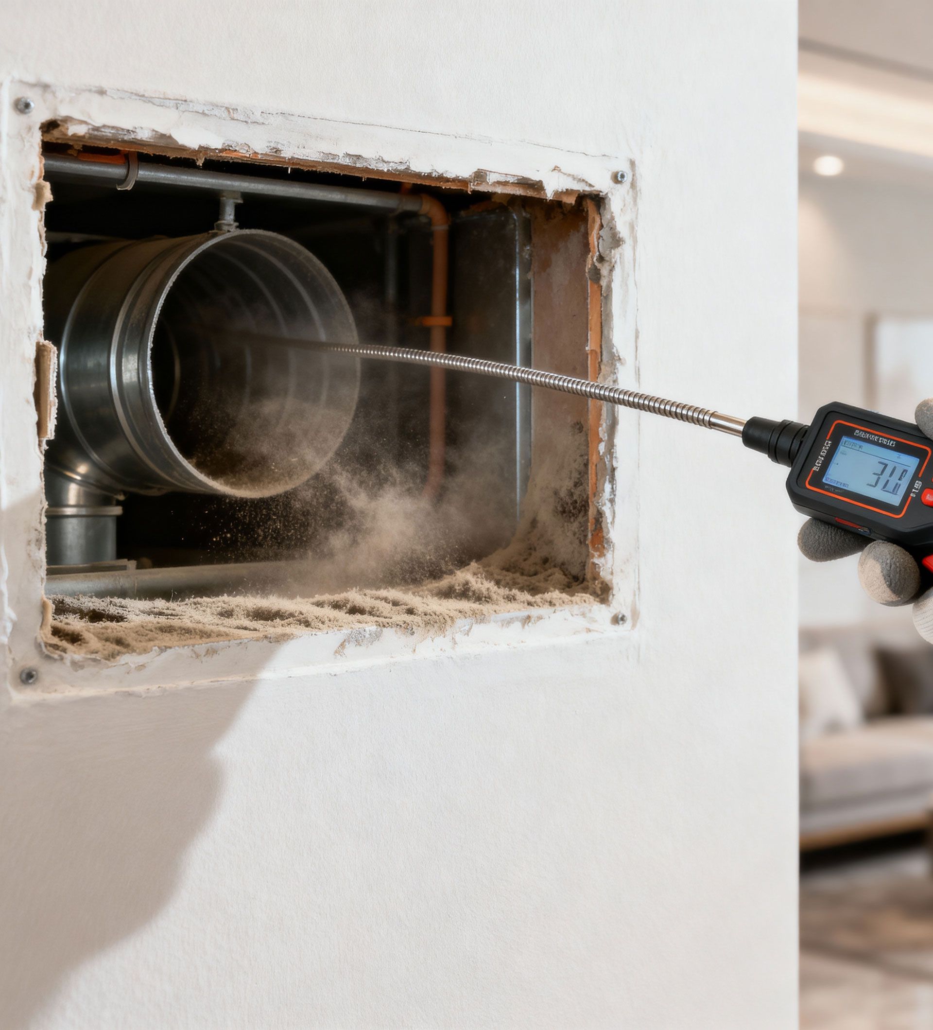 A gloved hand uses a digital borescope to inspect a dusty metal ventilation duct inside a wall opening.