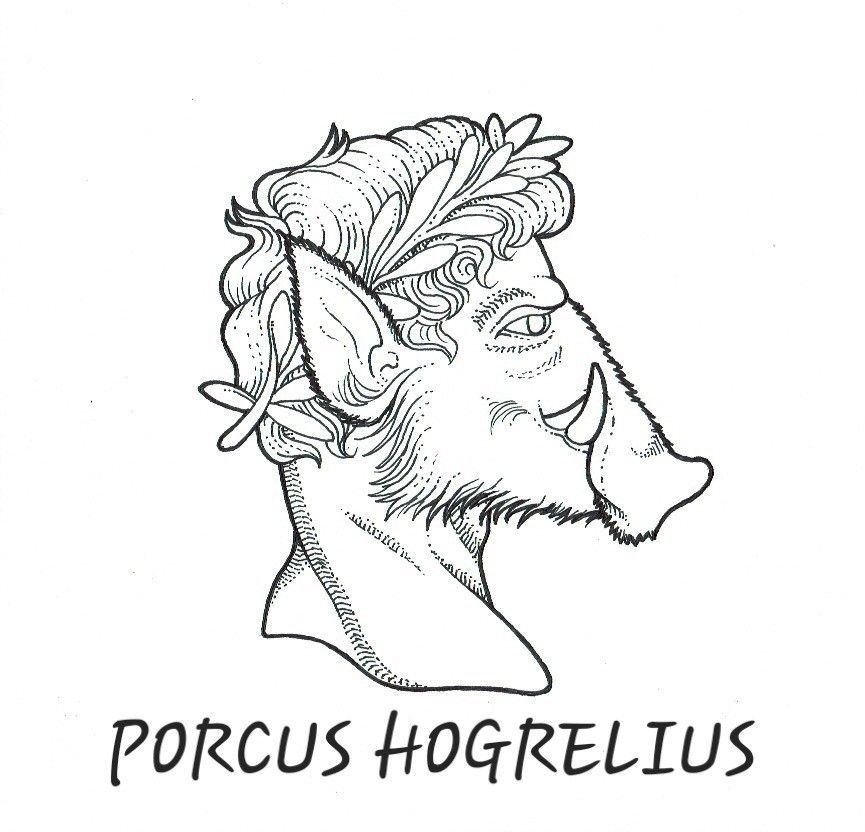 A bust of a boar wearing a laurel wreath, titled 