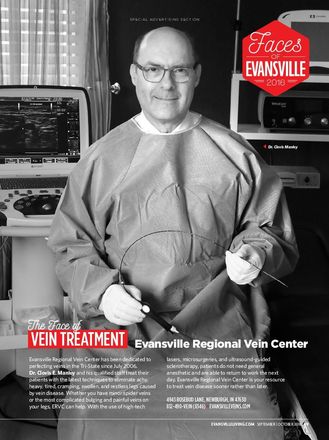 an advertisement for evansville regional vein center features a man in a surgical gown
