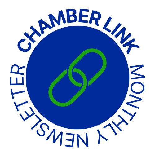 blue words on a white background with green links for the canton camber of commerce chamber link monthly newsletter logo