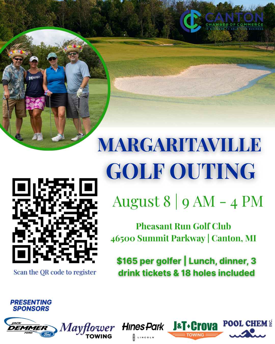 graphic design created for the canton chamber for the golf outing showing a gold ball, grass, margarita glass, and putting green with a flag in cartoon style. 