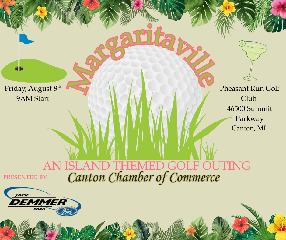 graphic design created for the canton chamber for the golf outing showing a gold ball, grass, margarita glass, and putting green with a flag in cartoon style.