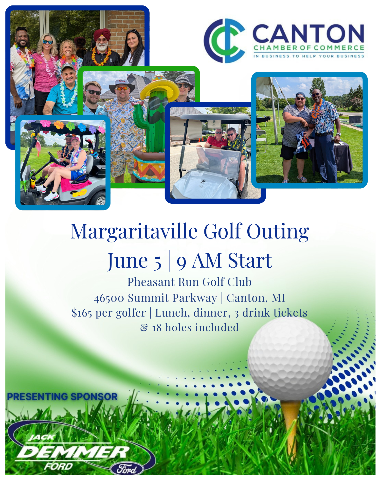 graphic design created for the canton chamber for the golf outing showing a gold ball, grass, margarita glass, and putting green with a flag in cartoon style.