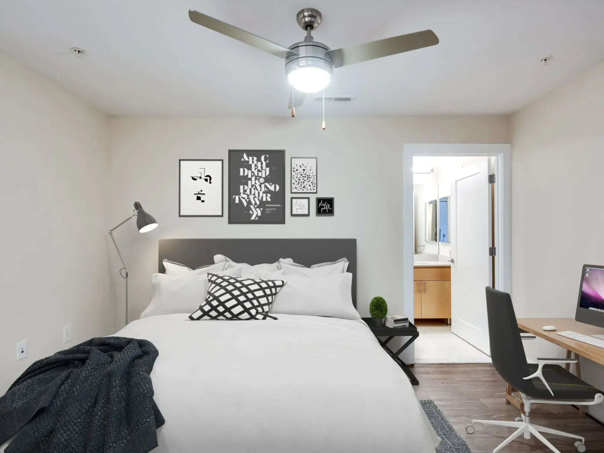 Highland Haus apartment bedroom with bathroom.