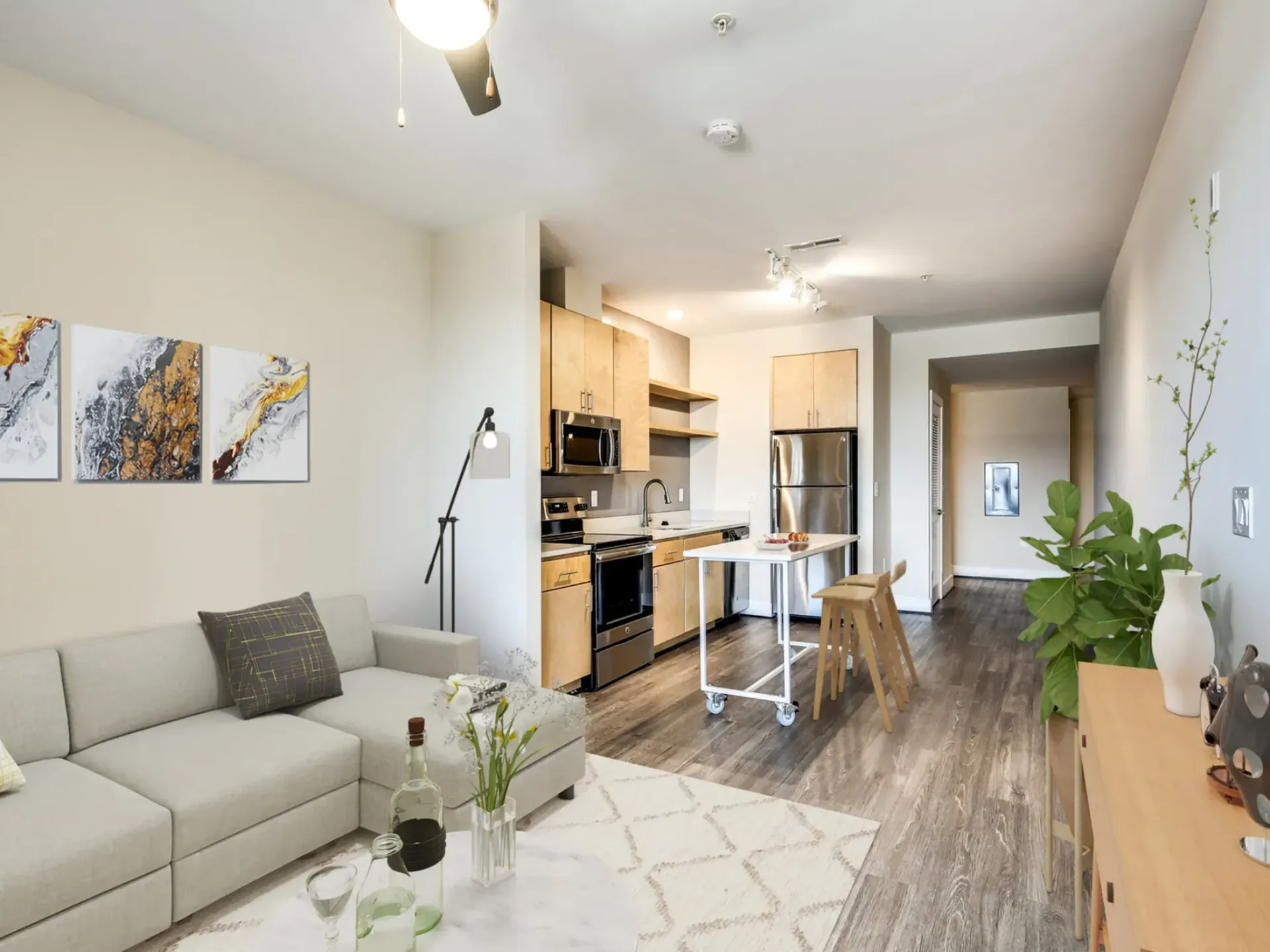 Highland Haus apartment open floor plan with living room overseeing the kitchen and apartment entrance. 