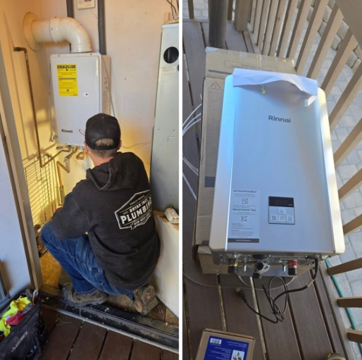 Technician kneels by a wall-mounted white boiler/vent unit, inspecting plumbing in a tight utility space.