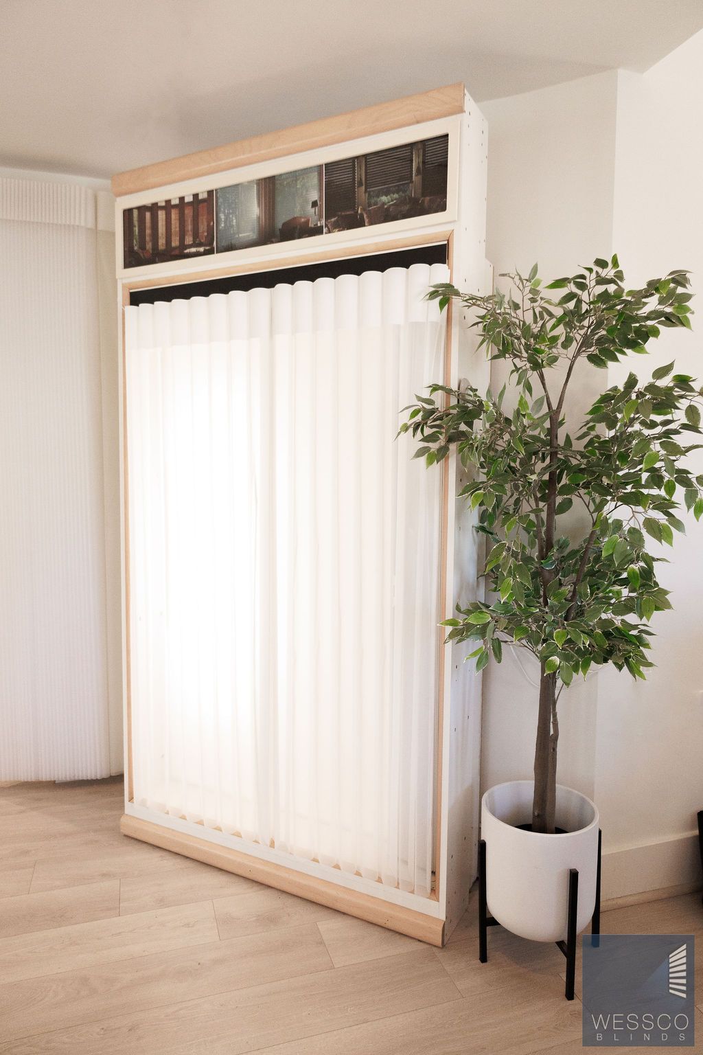 A built-in window with white sheer curtains, framed in wood, next to a potted tree.