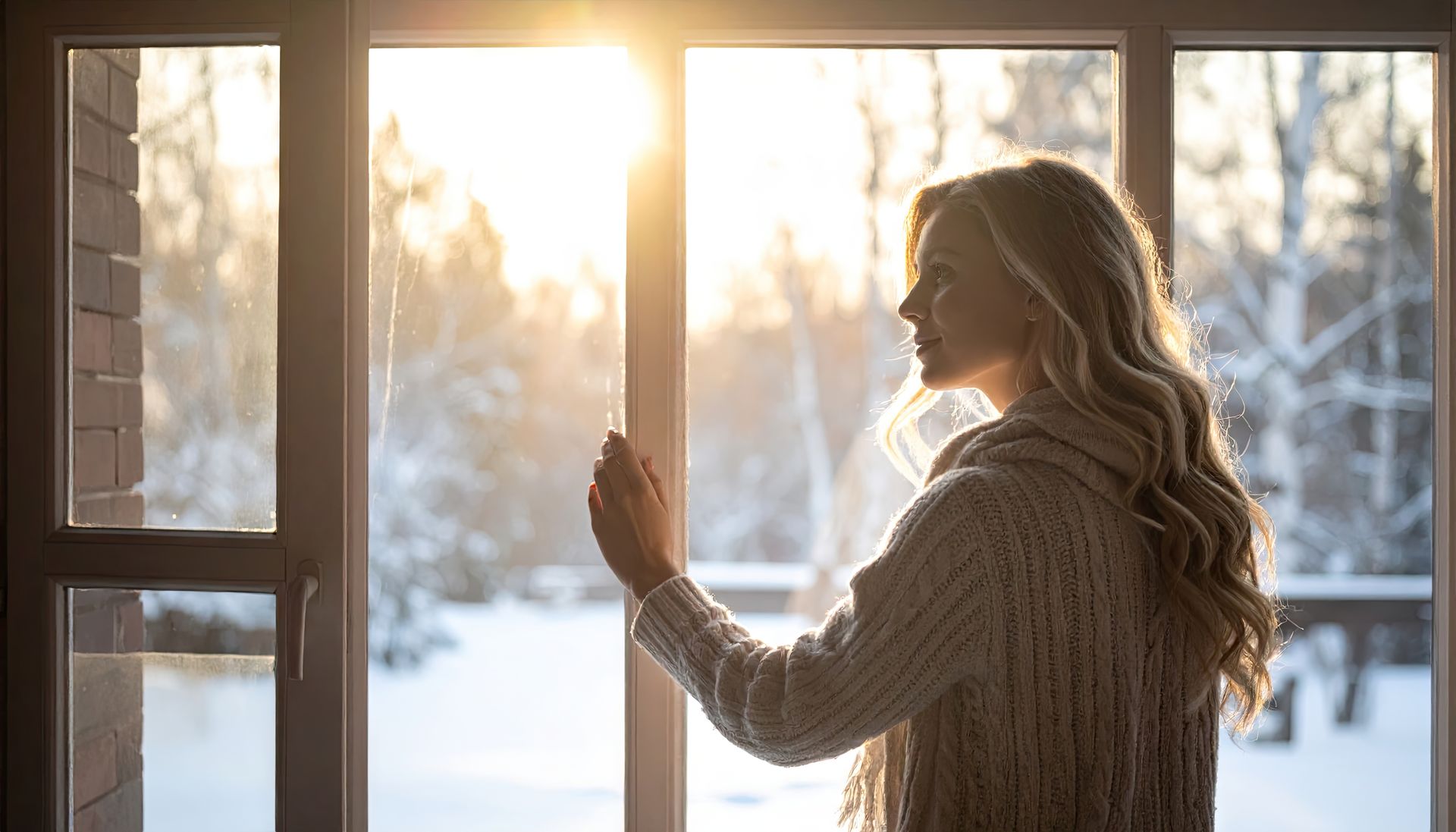 A woman standing at her window, in need of solar shades, where winter sunlight shines through