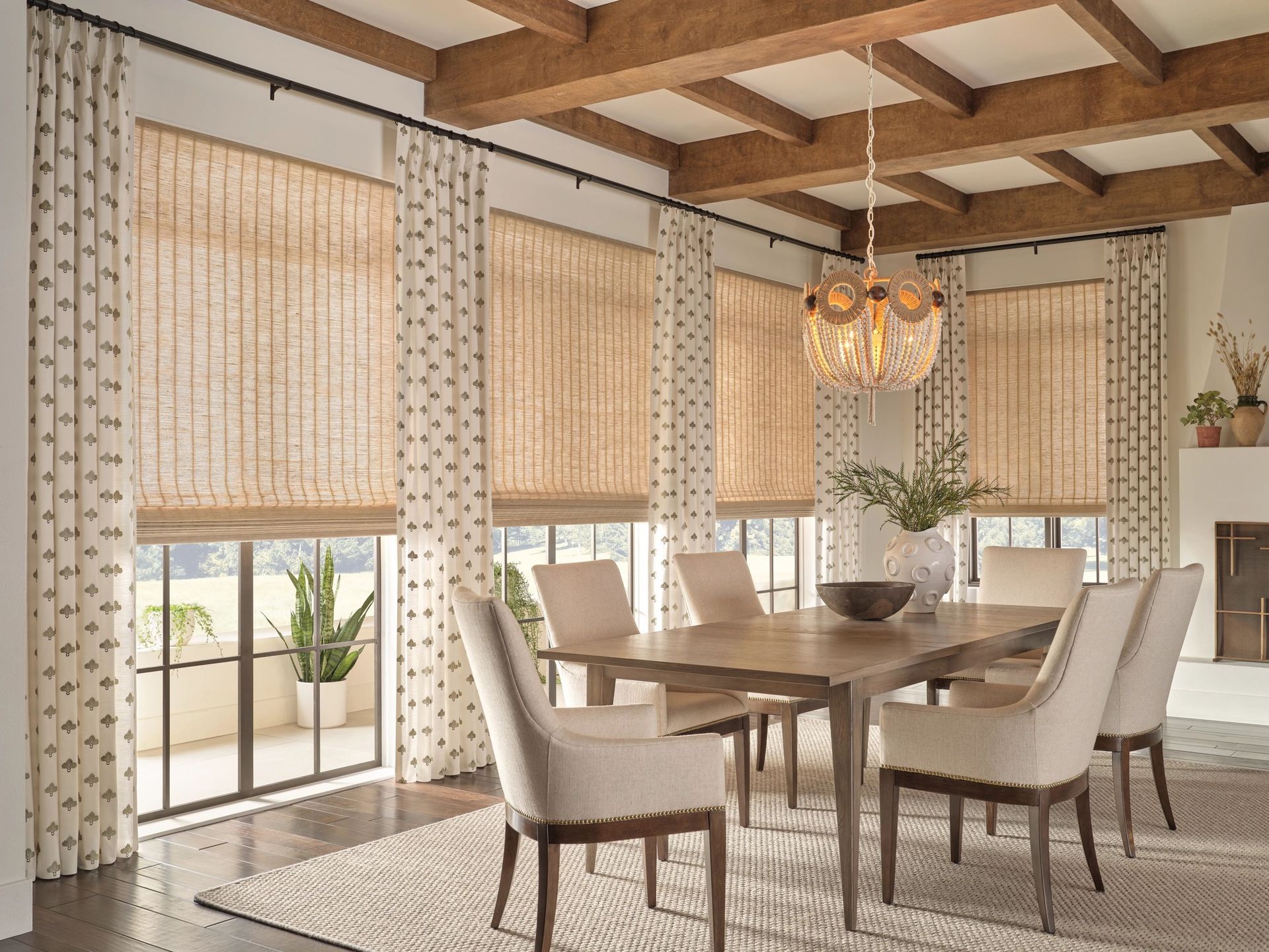 Hunter Douglas woven wood shades with natural materials, which are a window treatment trend for 2026