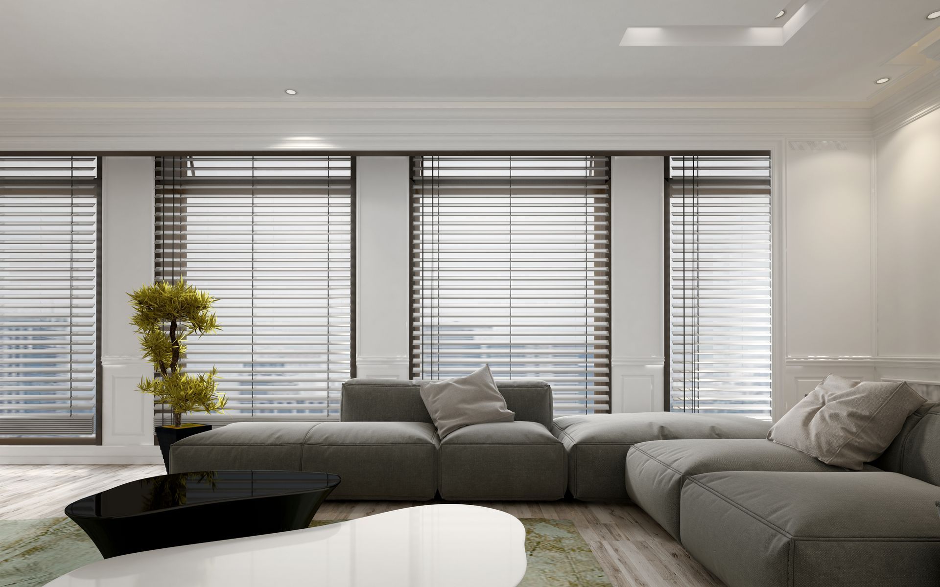 Stunning window blinds on large windows, overlooking an overcast day outside, in a residential living room 