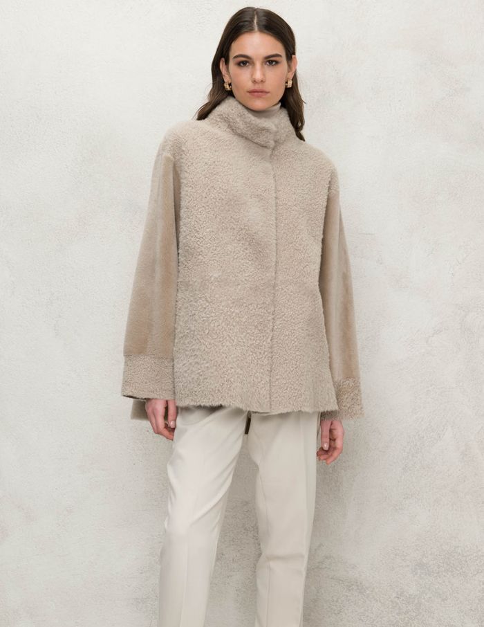 'Suprema' Sand Merino Shearling Jacket w/ Reversible Leather