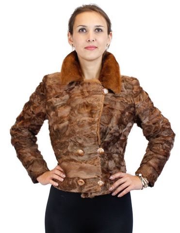 Brown Dyed Broadtail Sections Fitted Double-breasted Jacket w/ Whiskey Mink Fur Collar