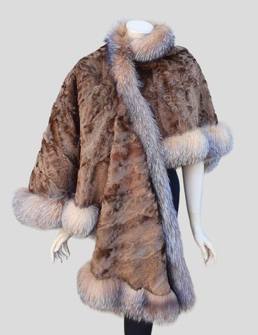 Vintage Camel Broadtail Paw Cape/poncho w/ Crystal Fox Fur Trim