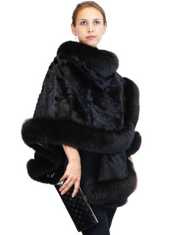 Black Goat Fur & Fox Fur Poncho/Wrap/Shawl