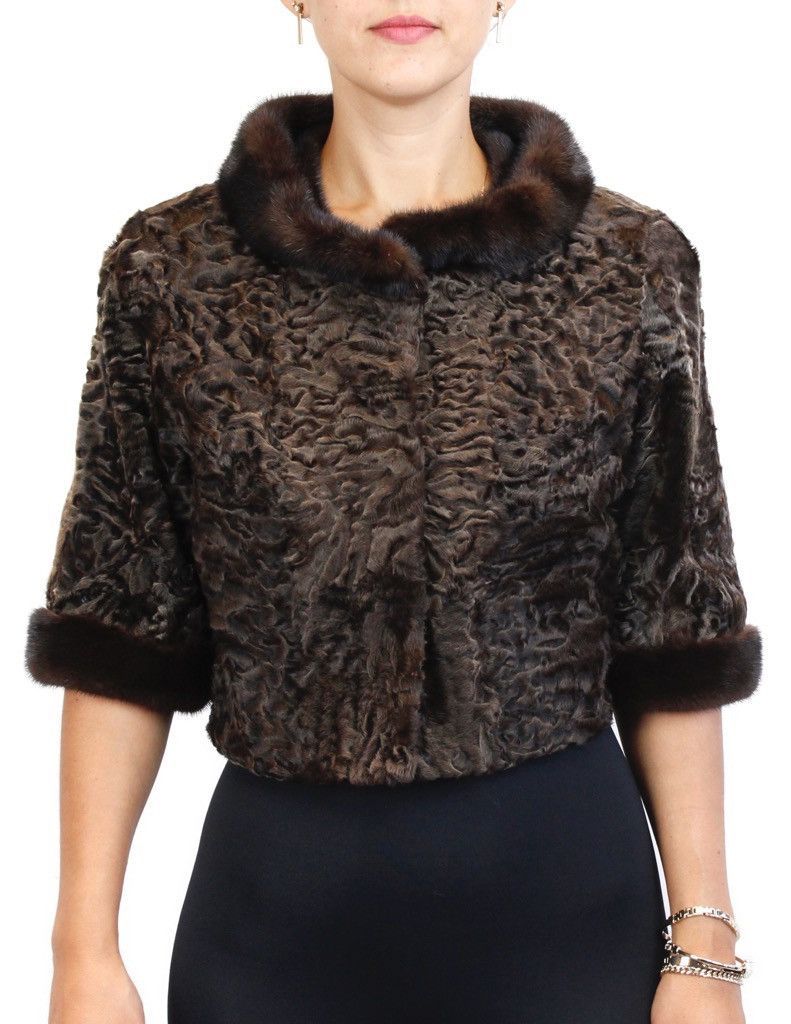 Natural Brown Russian Broadtail Short Bolero Jacket w/ Mahogany Mink Fur Trim