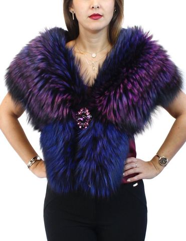 Purple & Blue Dyed Silver Fox Fur Collar/Shawl With Brooch