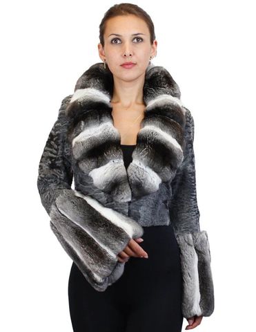 Natural Gray Russian Broadtail & Chinchilla Fur Short Bolero Jacket w/ Bell Sleeves