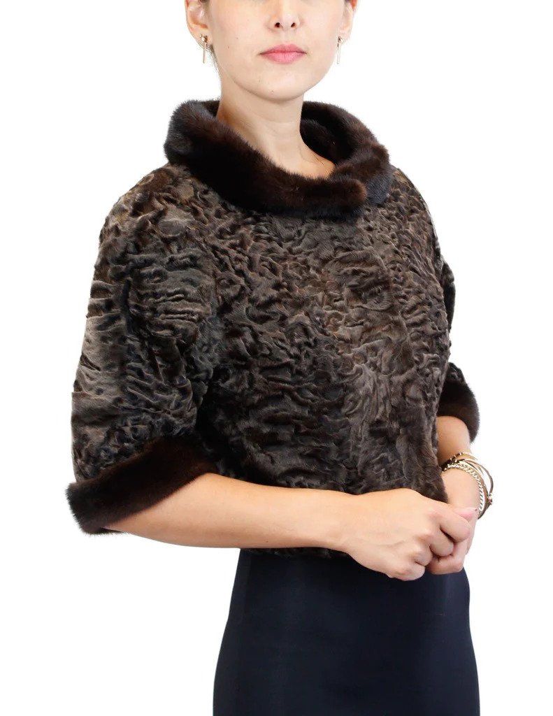 Natural Brown Russian Broadtail Short Bolero Jacket w/ Mahogany Mink Fur Trim