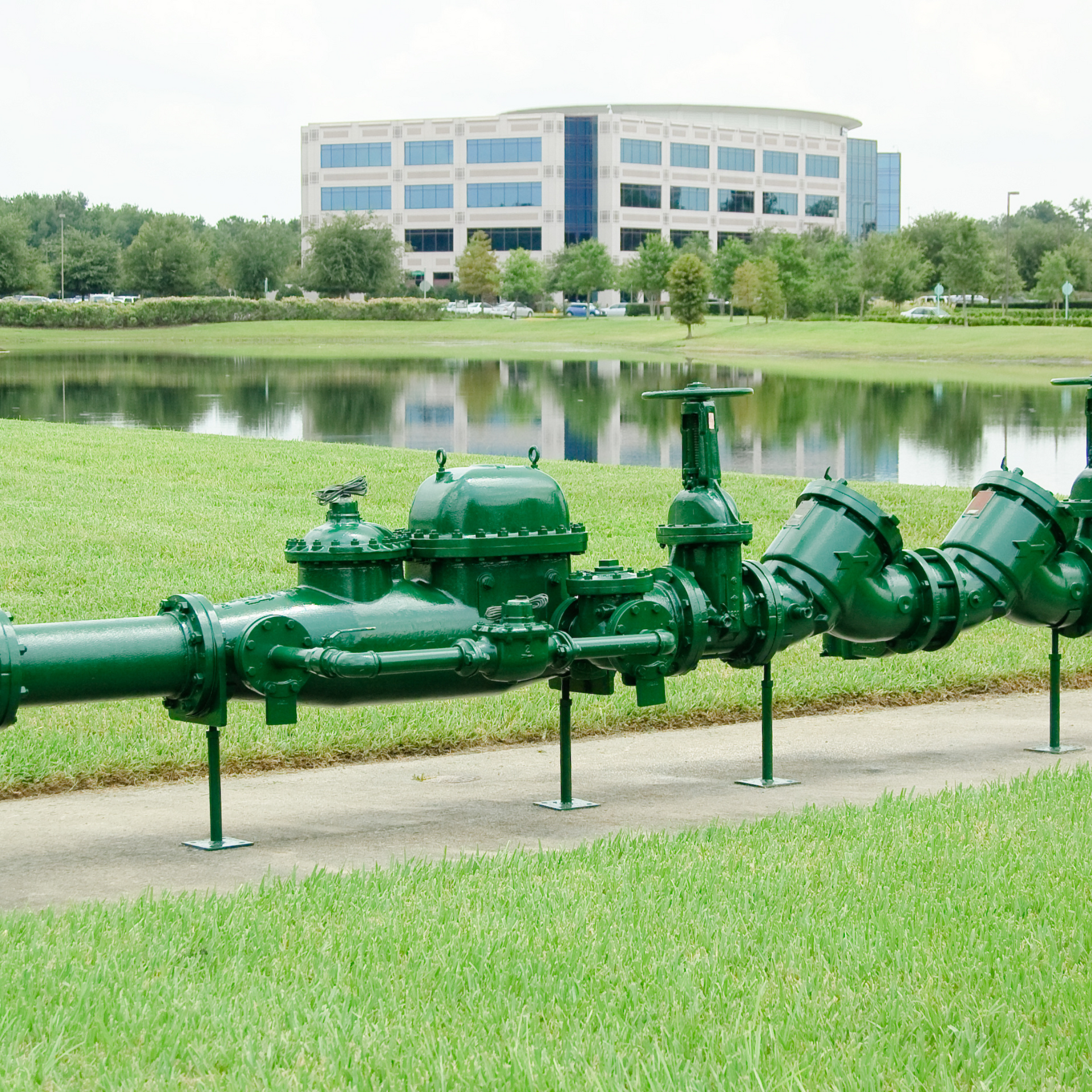 Green pipes with valves on a pathway next to a pond and a building in the background.