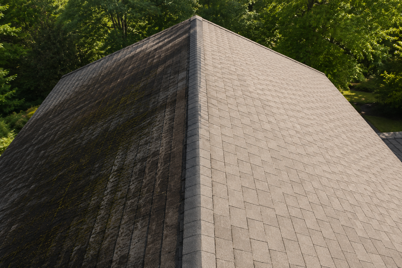 Steep shingled roof with a central ridge, set against green trees and bright sunlight