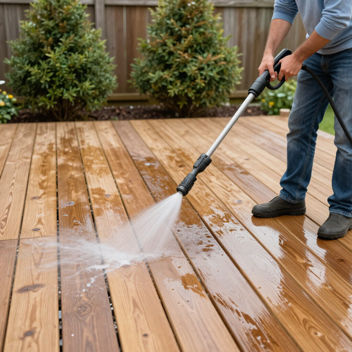Person pressure-washing a wet wooden deck outdoors with trees and a fence in the background