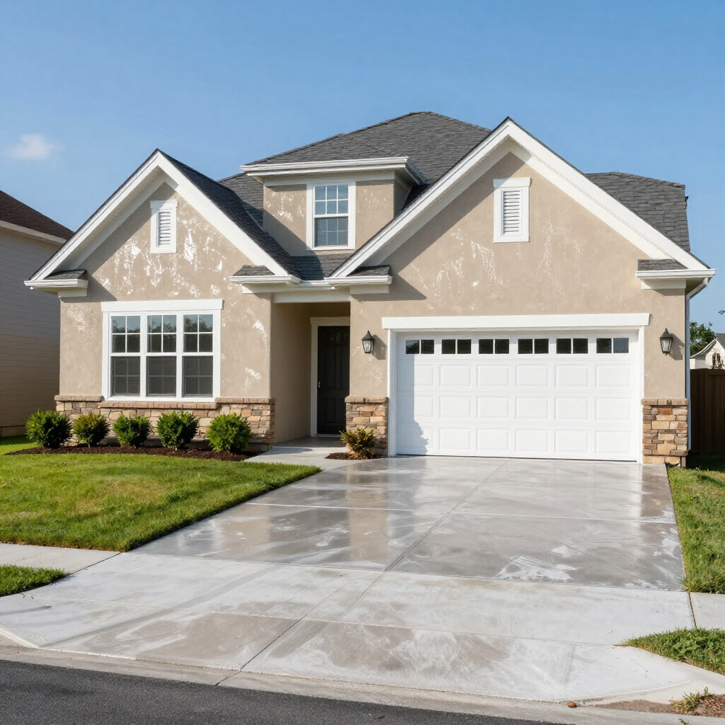 New beige suburban house with a white garage and wet concrete driveway