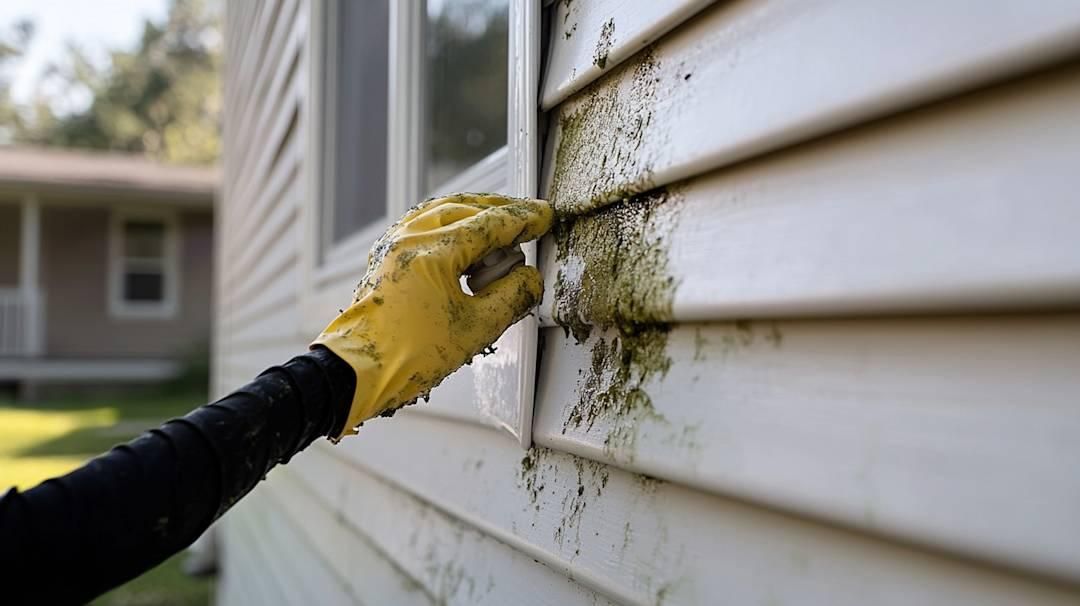 Gloved hand scrubbing green mold off white house siding with a sponge