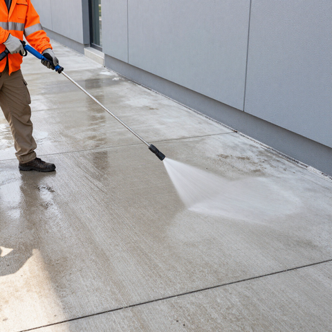 Worker pressure-washing a wet concrete sidewalk beside a gray building