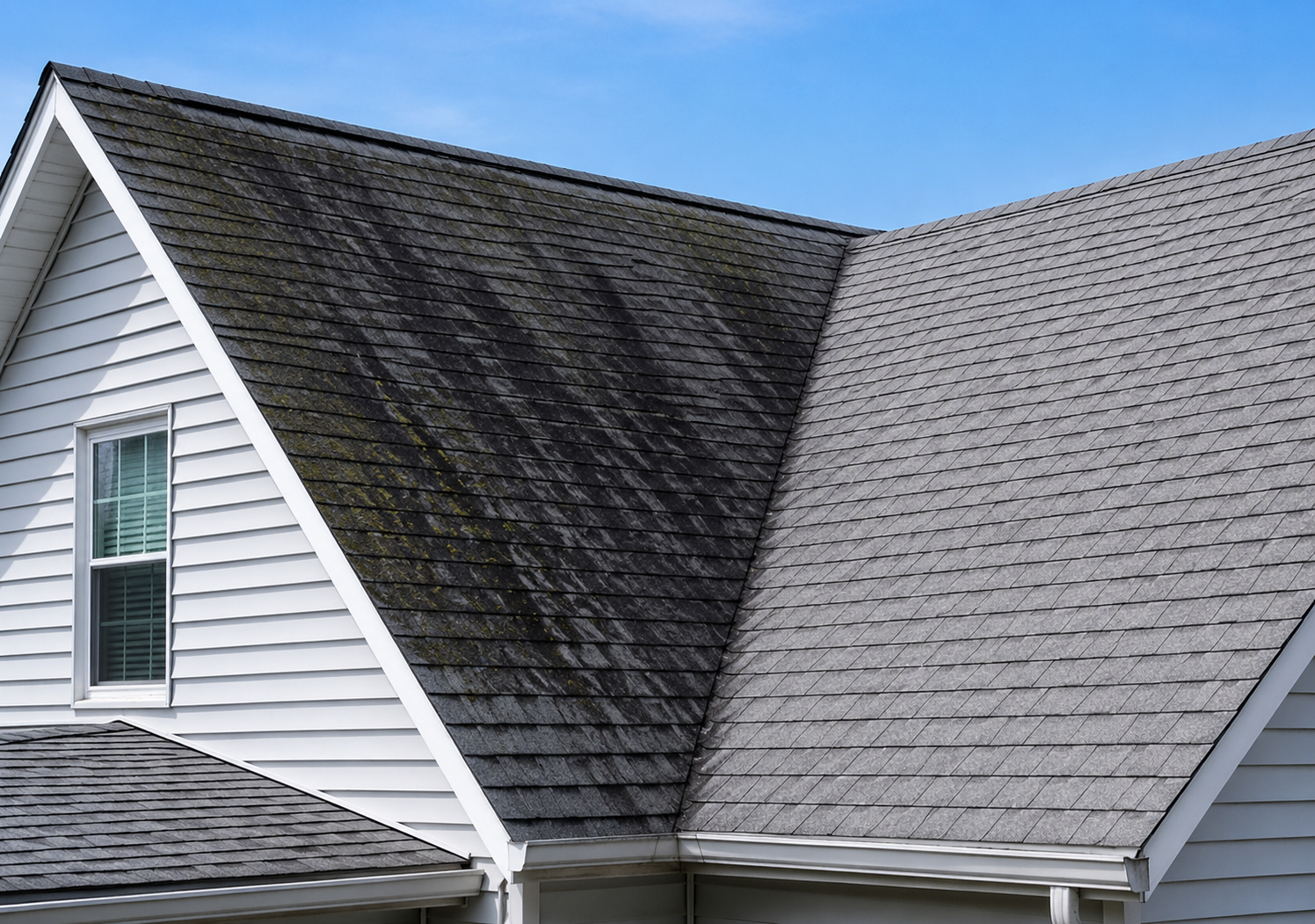 Roof with black mold stains on a house, next to a clean gray shingled roof under a blue sky
