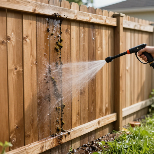 Person pressure-washing a wooden fence, blasting off dirt with a spray nozzle outdoors.