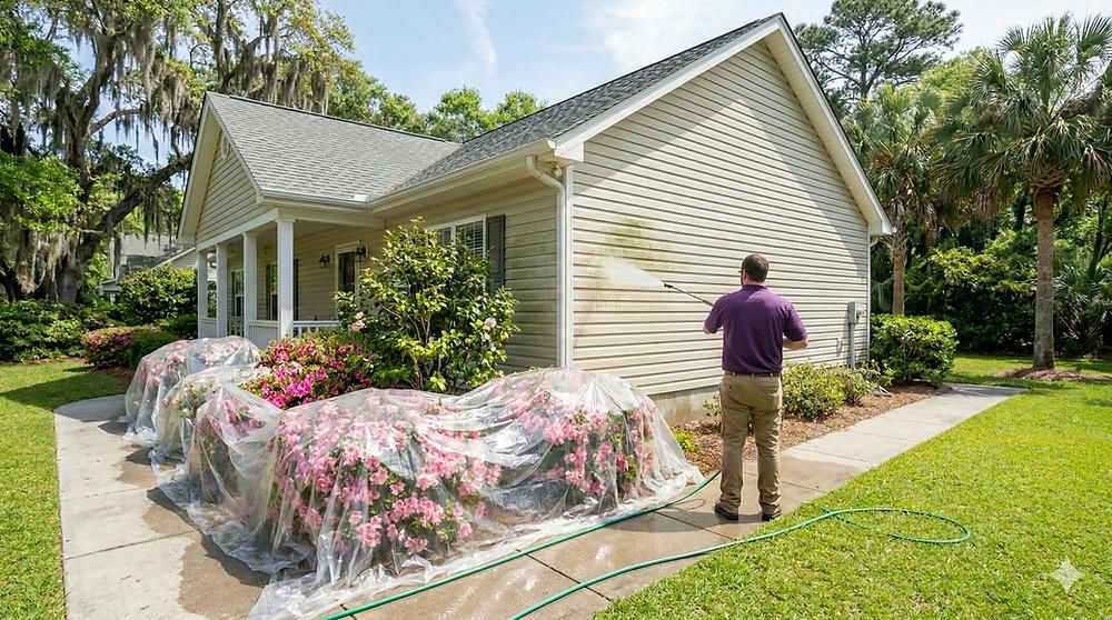 Person spraying a cream-colored house and shrubs with protective mesh covers in a sunny yard