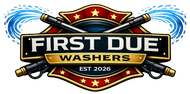 First Due Washers logo with red shield, gold stars, and blue water splashes, EST 2026