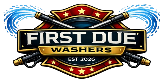 First Due Washers logo with red shield, gold stars, and blue water splashes, EST 2026