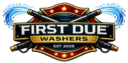First Due Washers logo with red shield, gold stars, and blue water splashes, EST 2026