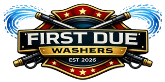 First Due Washers logo with red shield, gold stars, and blue water splashes, EST 2026