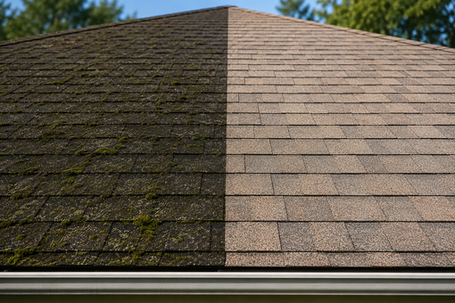 Roof with dark, weathered shingles on the left and newer light-brown shingles on the right, showing a roof replacement line