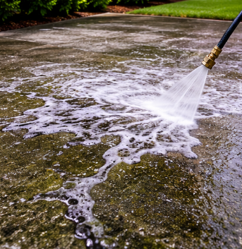 Pressure washer spraying water across a mossy concrete driveway