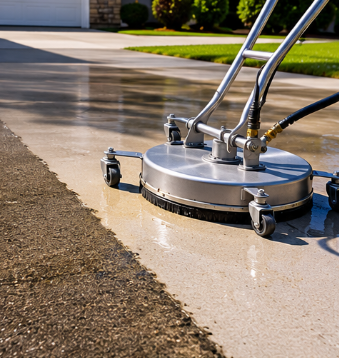 Pressure washing a concrete driveway, leaving a clean path beside wet, dark pavement