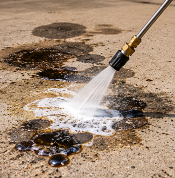 Pressure washer spraying foam onto oil-stained concrete driveway