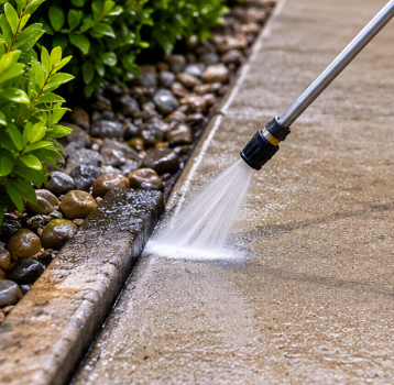 Pressure washer spraying water on a concrete sidewalk beside a garden bed with green plants and rocks