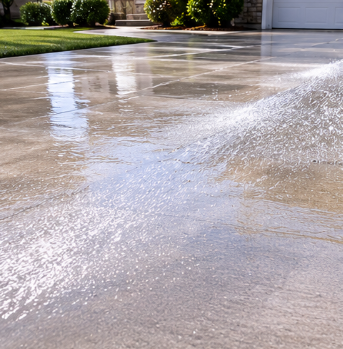 Water spraying across a wet driveway beside a house and lawn