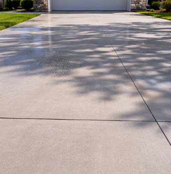 Concrete driveway leading to a garage, with tree shadows across the surface.