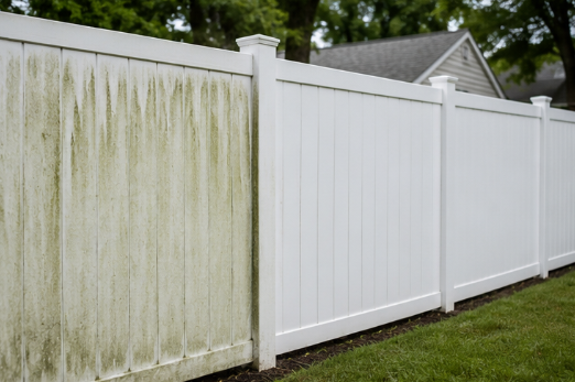 White vinyl fence with one mold-stained panel beside a clean section along a grassy yard