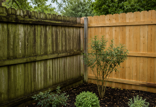 Backyard corner with weathered wooden fence, fresh cedar fence panel, and a small shrub bed