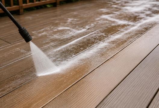Pressure washing a wooden deck, spraying water across the wet boards