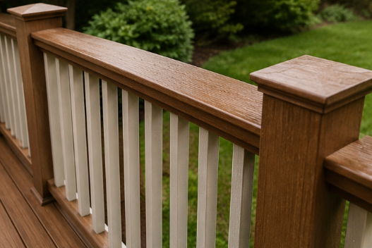 Wooden deck railing with white balusters and brown handrails overlooking a green yard