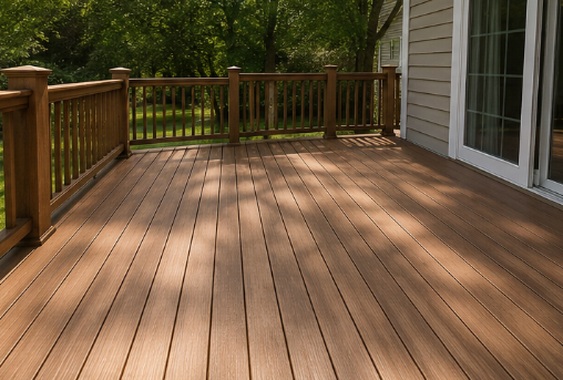 Wooden deck with railing beside a house, overlooking a green wooded yard.