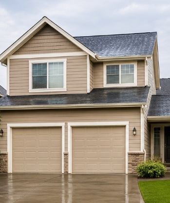 Two-story beige house with a dark roof and double garage on a wet driveway
